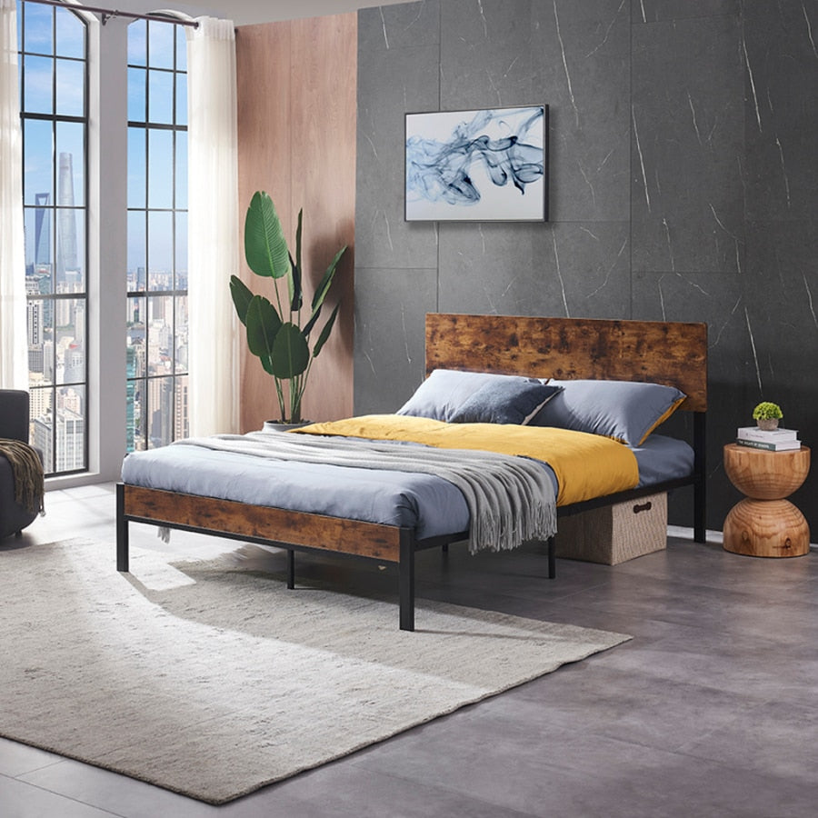 Metal Platform Queen Bed frame with Wooden Headboard