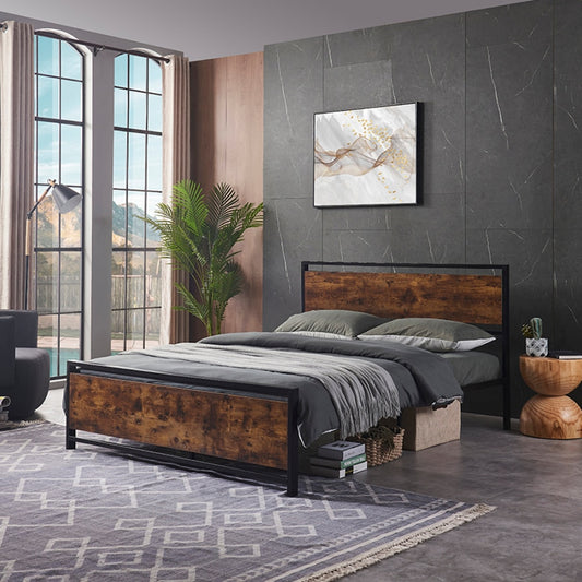 Metal Platform Queen Bed frame with Wooden Headboard