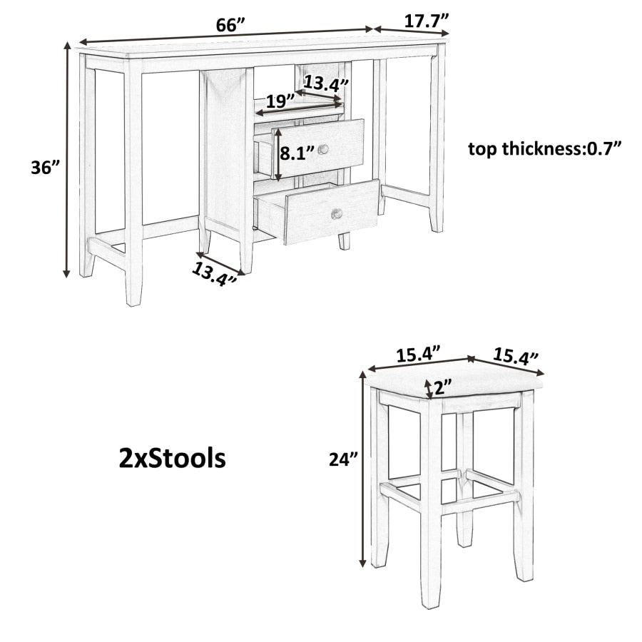 3-piece Wood Dining Table Set with 2 Storage Drawers and 2 Stools