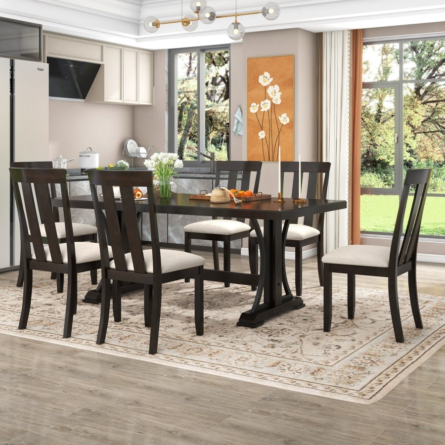 7-Piece Retro Style Dining Table Set and 6 Dining Chairs