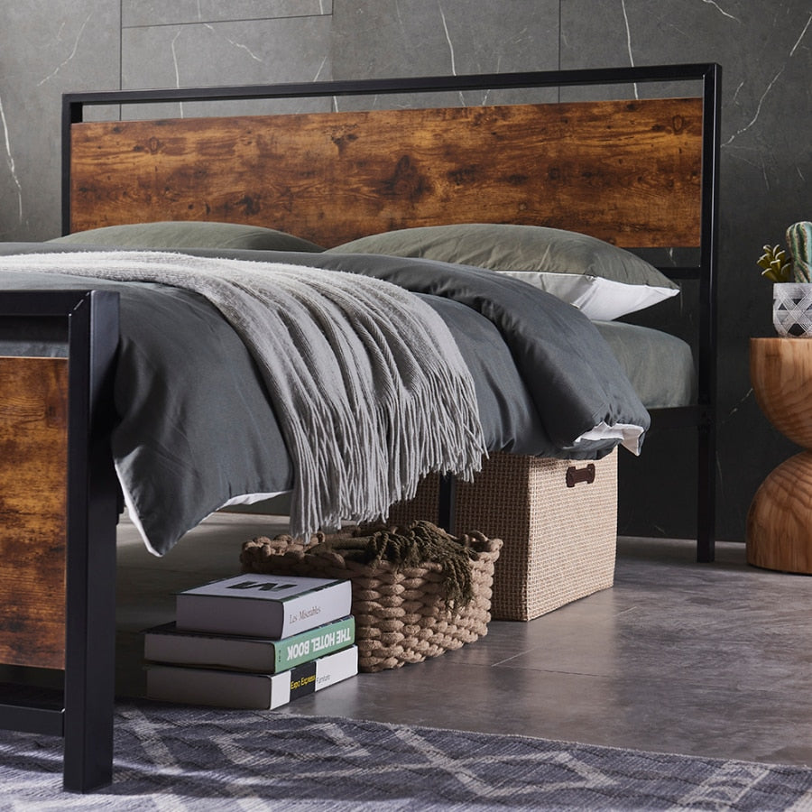 Metal Platform Queen Bed frame with Wooden Headboard