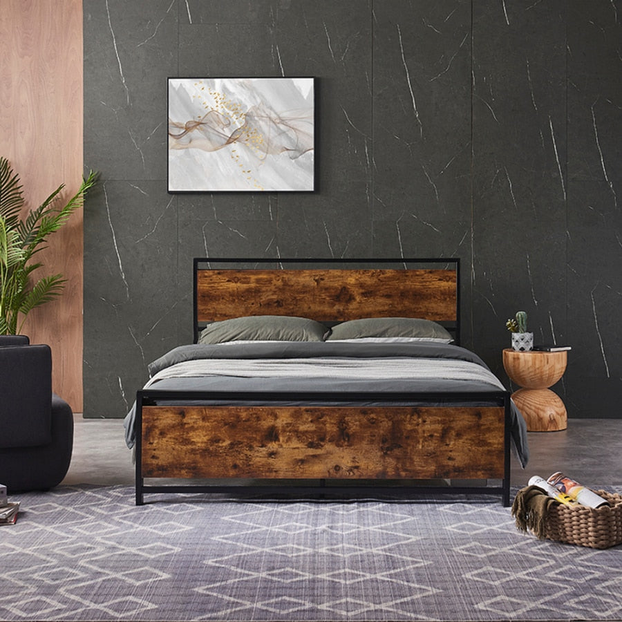 Metal Platform Queen Bed frame with Wooden Headboard